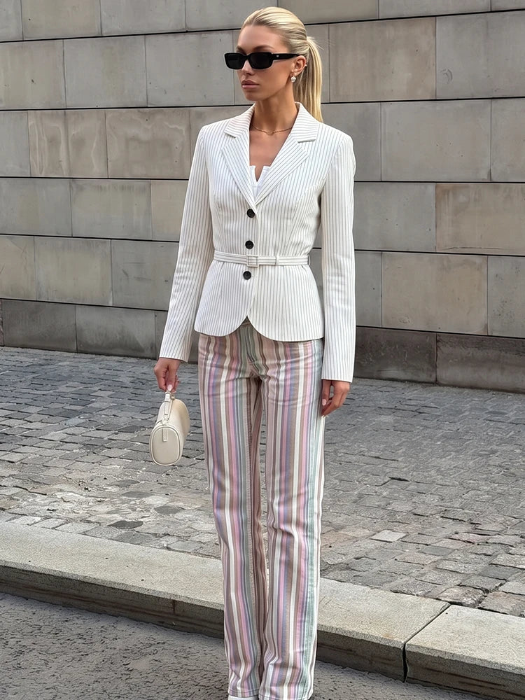 Elegant Women's Striped Blazer With Belt 2026 Spring Autumn Lapel Long Sleeves Single Breasted Slim Trendy Office Lady Suit