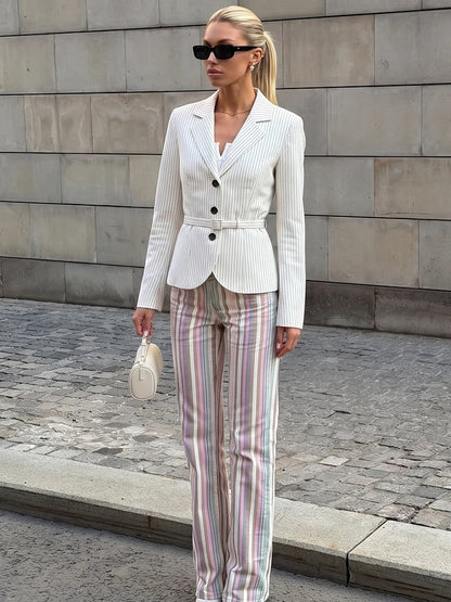 Elegant Women's Striped Blazer With Belt 2026 Spring Autumn Lapel Long Sleeves Single Breasted Slim Trendy Office Lady Suit