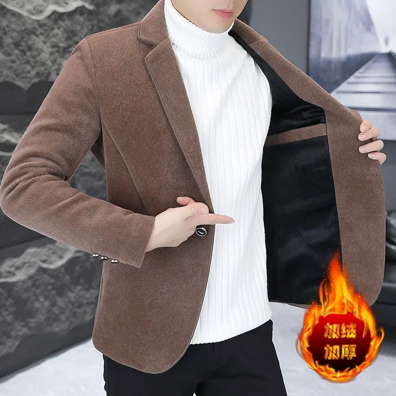 Blazer Autumn/Winter Golden Sable Velvet and Cotton Thickened Thermal Small Suit Fashion Business Men's Slim Blazer