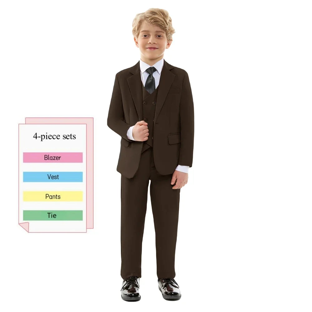 Boys 4-Piece Formal Suit Set – Single Breasted Peaked Lapel Kids Tuxedo for Weddings & Special Occasions
