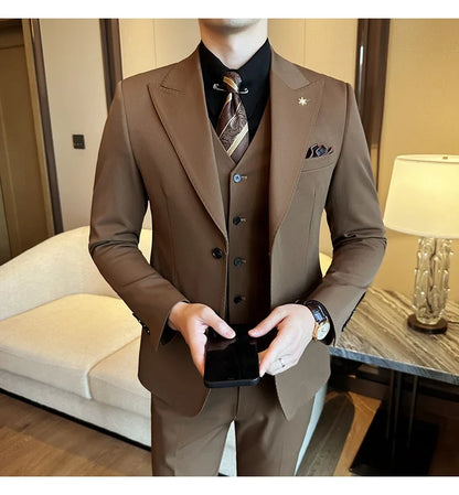 (Blazer + Vest + Trousers) 2024 New Men Formal Business Solid Suit 3 Pieces Set Italian Style Luxury Wedding Social Party Tuxedo