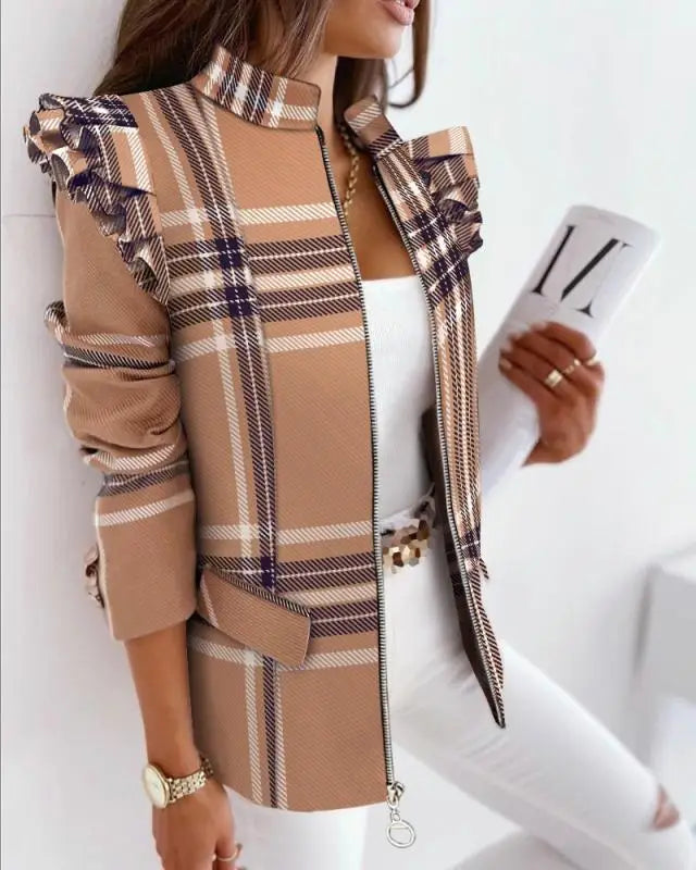 Autumn Winter Long Sleeve Print Blouse Women's Slim Fit Suit Jacket with Lace Hem Zipper Closure Fashionable Elegant Style