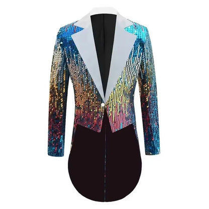 Men's Sequin Swallowtail Tailcoat Host Suit Jacket Long Party Coat Magician Stage Performance Chorus Evening Singer Black