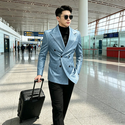 Men's Crocodile Leather Blazer Double Breasted Slim Fit Suit Jacket Formal Business Casual Sport Coat Wedding Party Streetwear