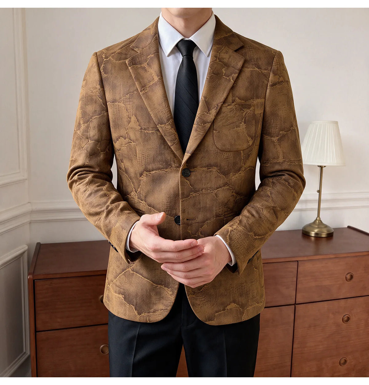 Men's Embossed Suede Blazer Smart Casual Single Breasted Jacket for Everyday Wear
