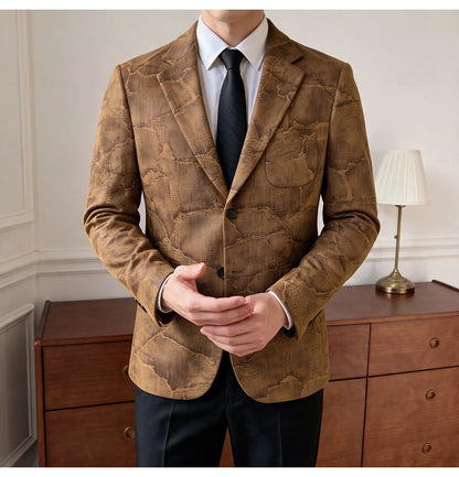 Men's Embossed Suede Blazer Smart Casual Single Breasted Jacket for Everyday Wear