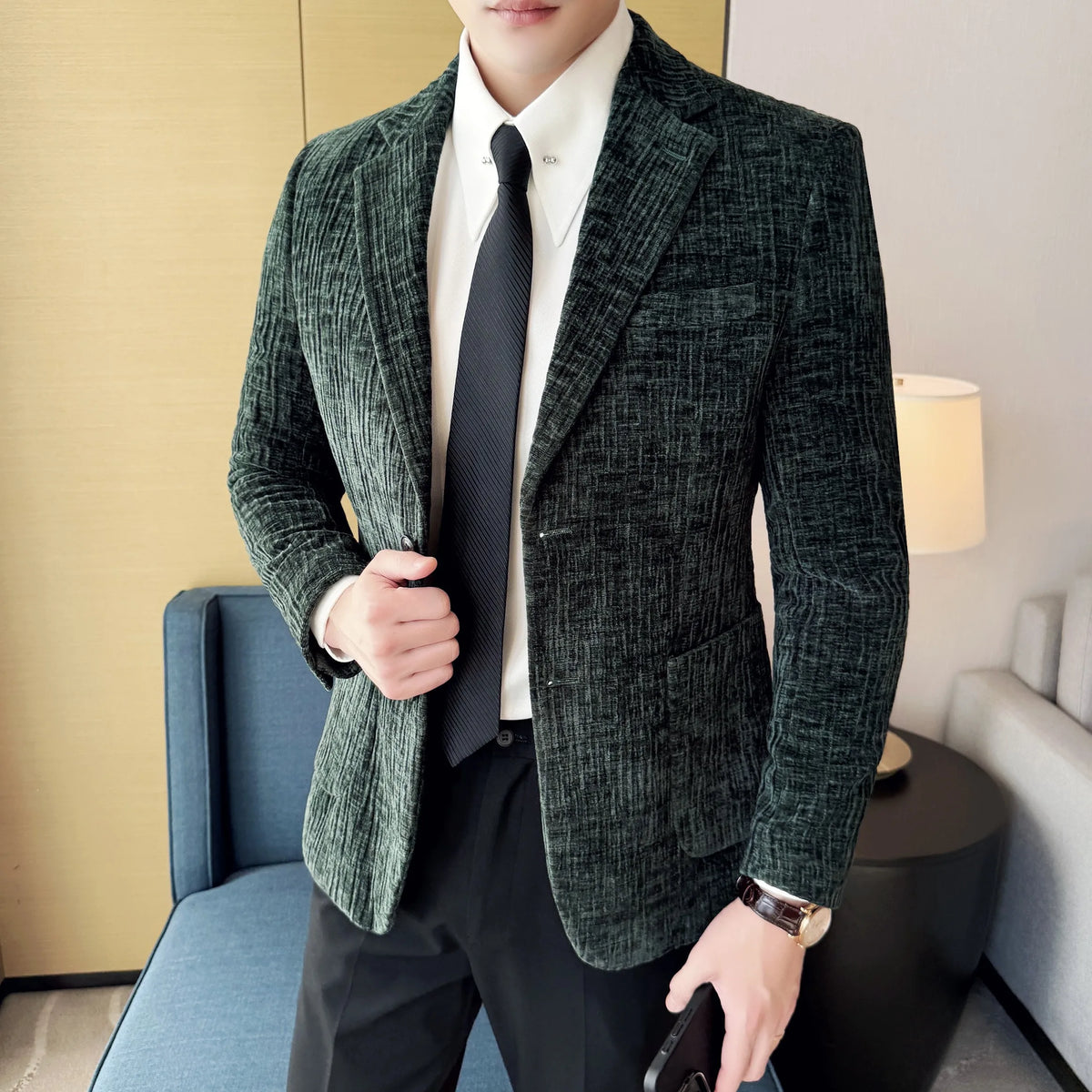 2025 Winter Chenier Thick Suit Jacket for Men Korean Slim Fit Casual Business Men Blazers Wedding Groom Office Social Dress Coat