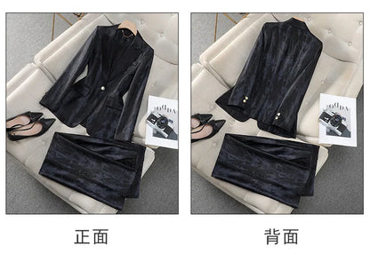 Women Golden Black Formal Pant Suit Autumn Female Tie-dye Blazer and Trouser 2 Piece Set For Office Ladies Winter Work Wear
