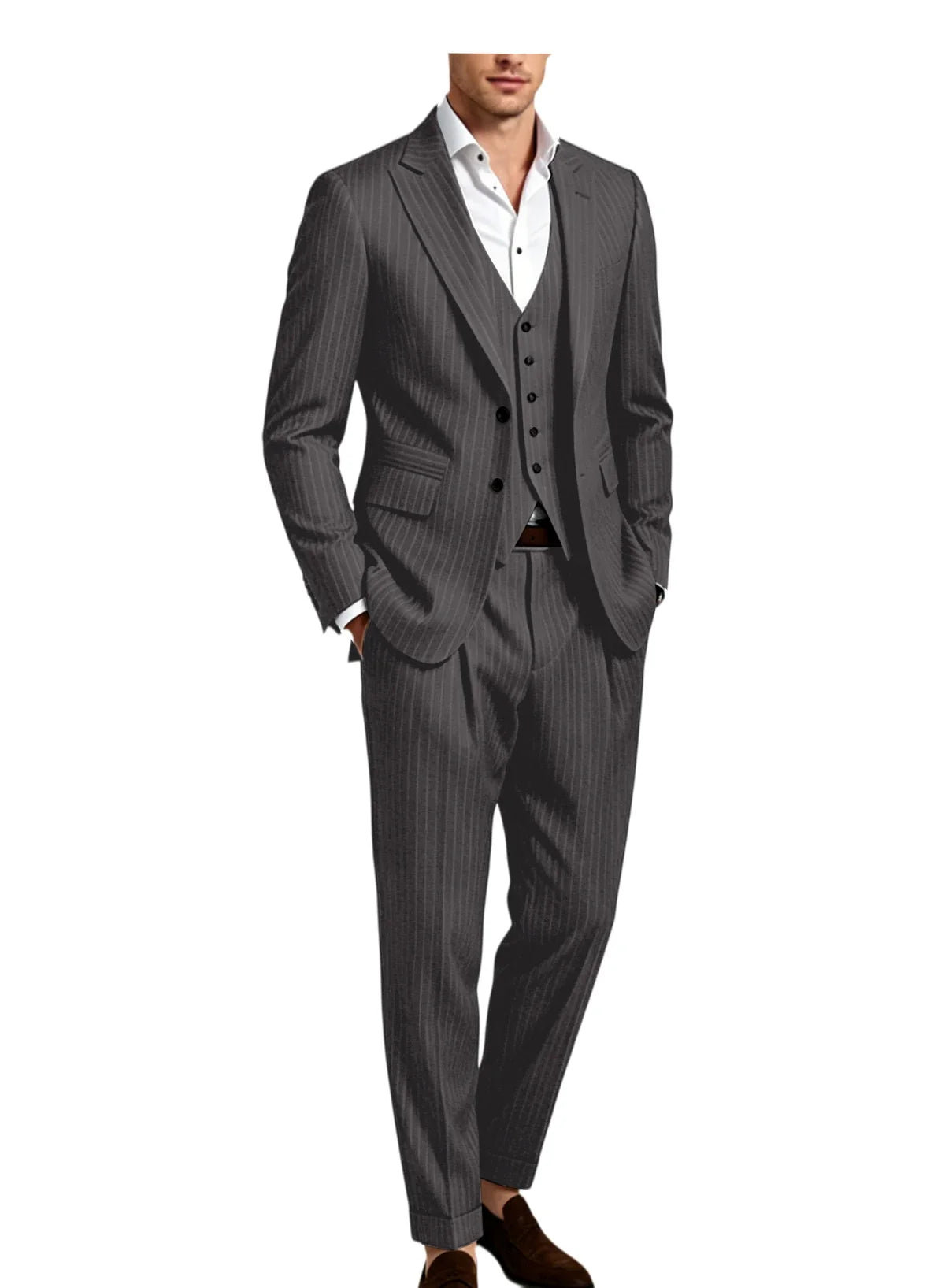 Men's 3-Piece Pinstripe Suit – Slim Fit Notched Lapel Blazer, Vest & Trousers for Wedding & Business