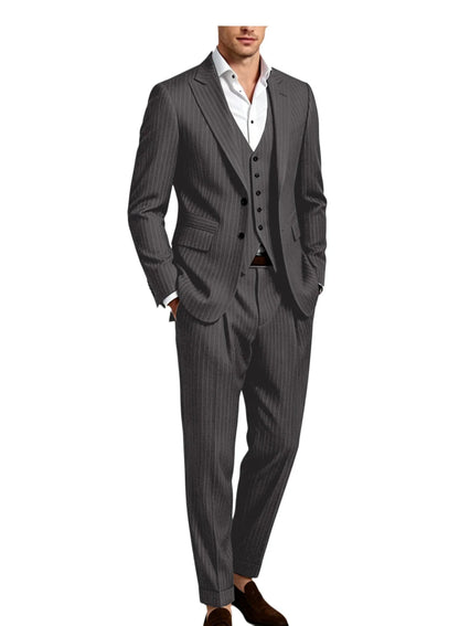Men's 3-Piece Pinstripe Suit – Slim Fit Notched Lapel Blazer, Vest & Trousers for Wedding & Business