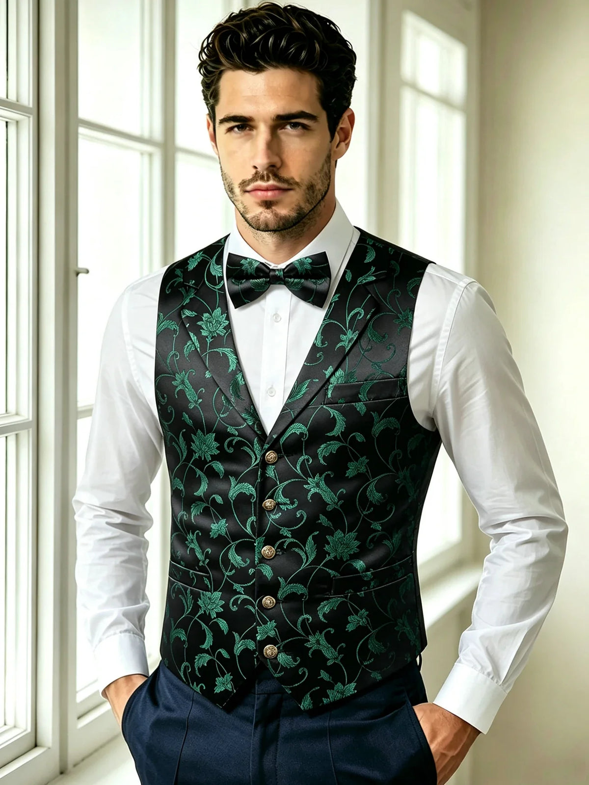 Men's Red Jacquard Floral Vest Notched Lapel Collar – Formal Waistcoat & Bowtie Set