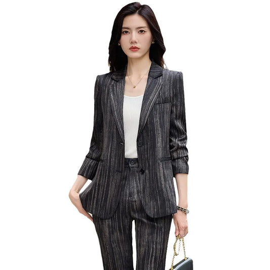 Fashion Women Striped Pants Suit New Spring Business Formal Slim Long Sleeve Thin Blazer and Trousers Office Ladies Work Wear