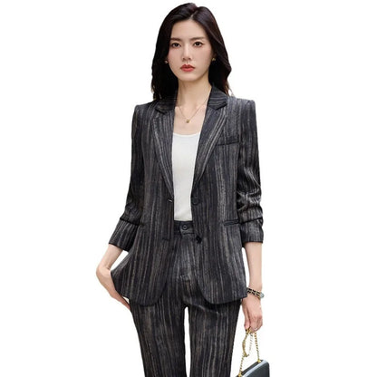 Fashion Women Striped Pants Suit New Spring Business Formal Slim Long Sleeve Thin Blazer and Trousers Office Ladies Work Wear