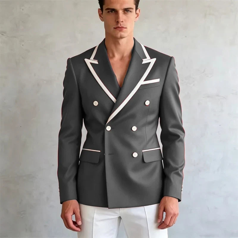 Double Breasted Slim Fit Blazer – Men's Formal Suit Jacket with White Contrast Piping