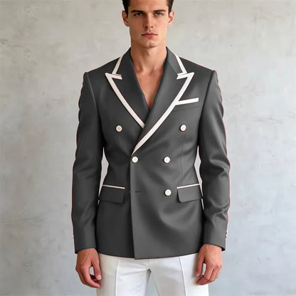 Double Breasted Slim Fit Blazer – Men's Formal Suit Jacket with White Contrast Piping