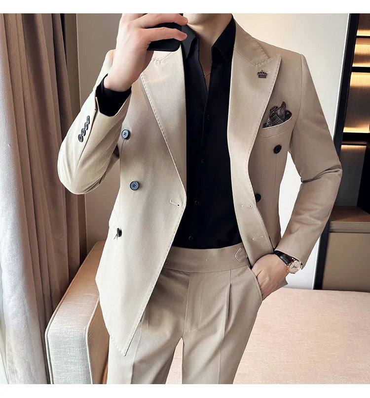 (Blazer + Trousers) Fashion Double Breasted Design Slim Men's Suit Italian Style Luxury Wedding Social Party Tuxedo 2 Piece Set