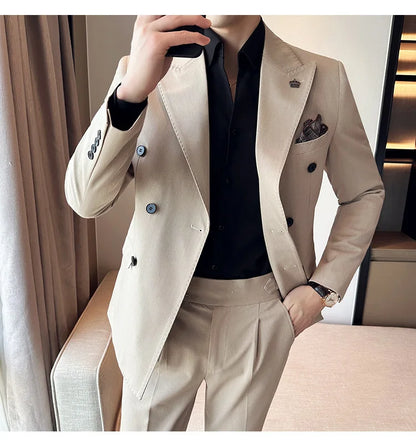 (Blazer + Trousers) Fashion Double Breasted Design Slim Men's Suit Italian Style Luxury Wedding Social Party Tuxedo 2 Piece Set