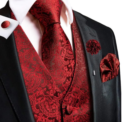 Men's Jacquard Waistcoat Suit Vest with Tie Hanky Cufflinks Brooch Set for Weddings and Business Events