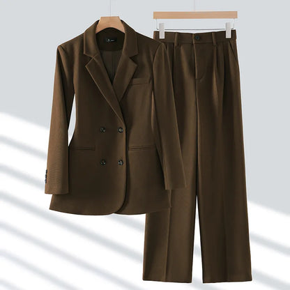 Autumn Winter 2024 New Apricot Coffee Black Elegant Double Breasted Blazer Top And Women High Waist Wide Leg Pant Two Piece Set