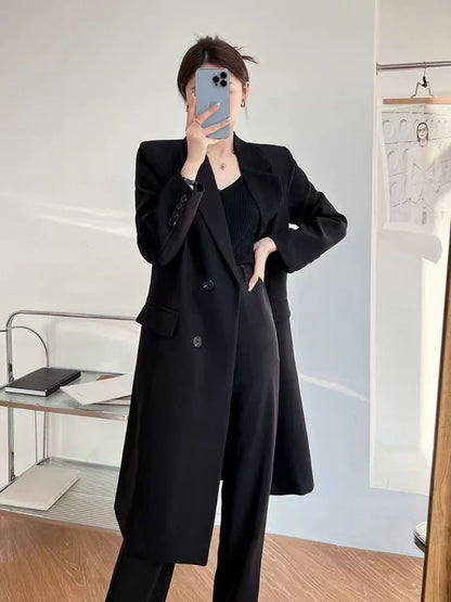 Elegant Women's Basic Solid Color Single Breasted Loose Casual Long Suit Jacket 2025 Spring Autumn Premium Trench Black Coat