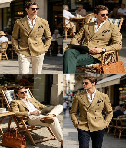 Men’s Linen Blend Suit Blazer Double Breasted Casual Peak Lapel British Style Jacket  Soft Breathable Men Suit For Summer Beach