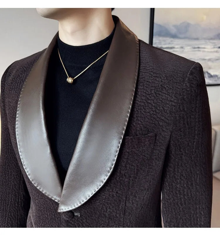 British Style PU Patchwork Suit for Men Casual Business Wedding Suits 2 Pieces Set (jacket+pant) Office Work Party Prom Suit