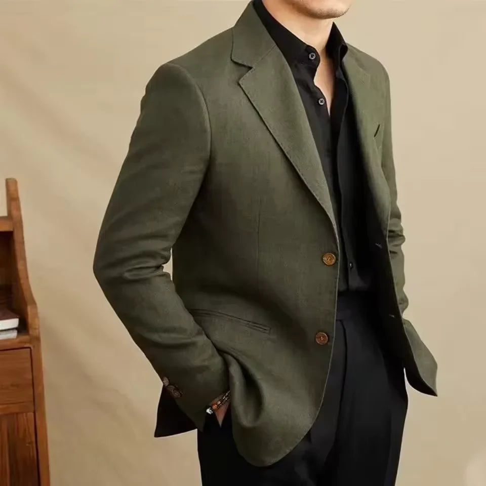 Vintage Men's Linen Blazer Double Breasted Peak Lapel Slim Fit Jacket Breathable Soft Wrinkle Free Business Casual Men Suit Coat