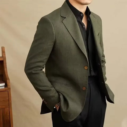 Vintage Men's Linen Blazer Double Breasted Peak Lapel Slim Fit Jacket Breathable Soft Wrinkle Free Business Casual Men Suit Coat
