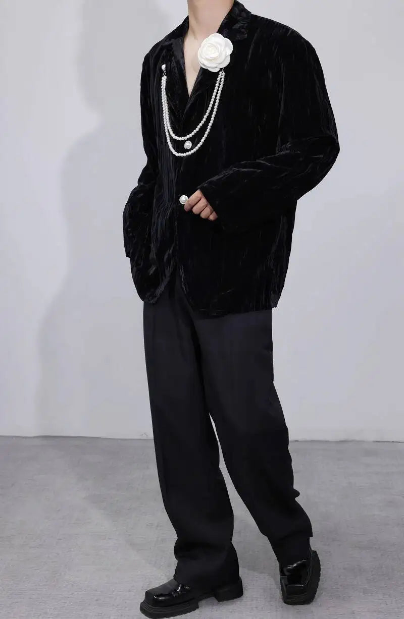 Luxury Elegant Handsome Blazer Coat Men's Original Niche Three-dimensional Pearl Chain Stylish Solid Color Jacket JY4431