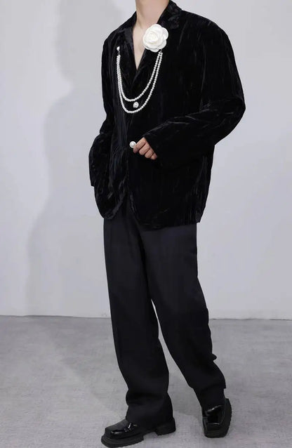 Luxury Elegant Handsome Blazer Coat Men's Original Niche Three-dimensional Pearl Chain Stylish Solid Color Jacket JY4431