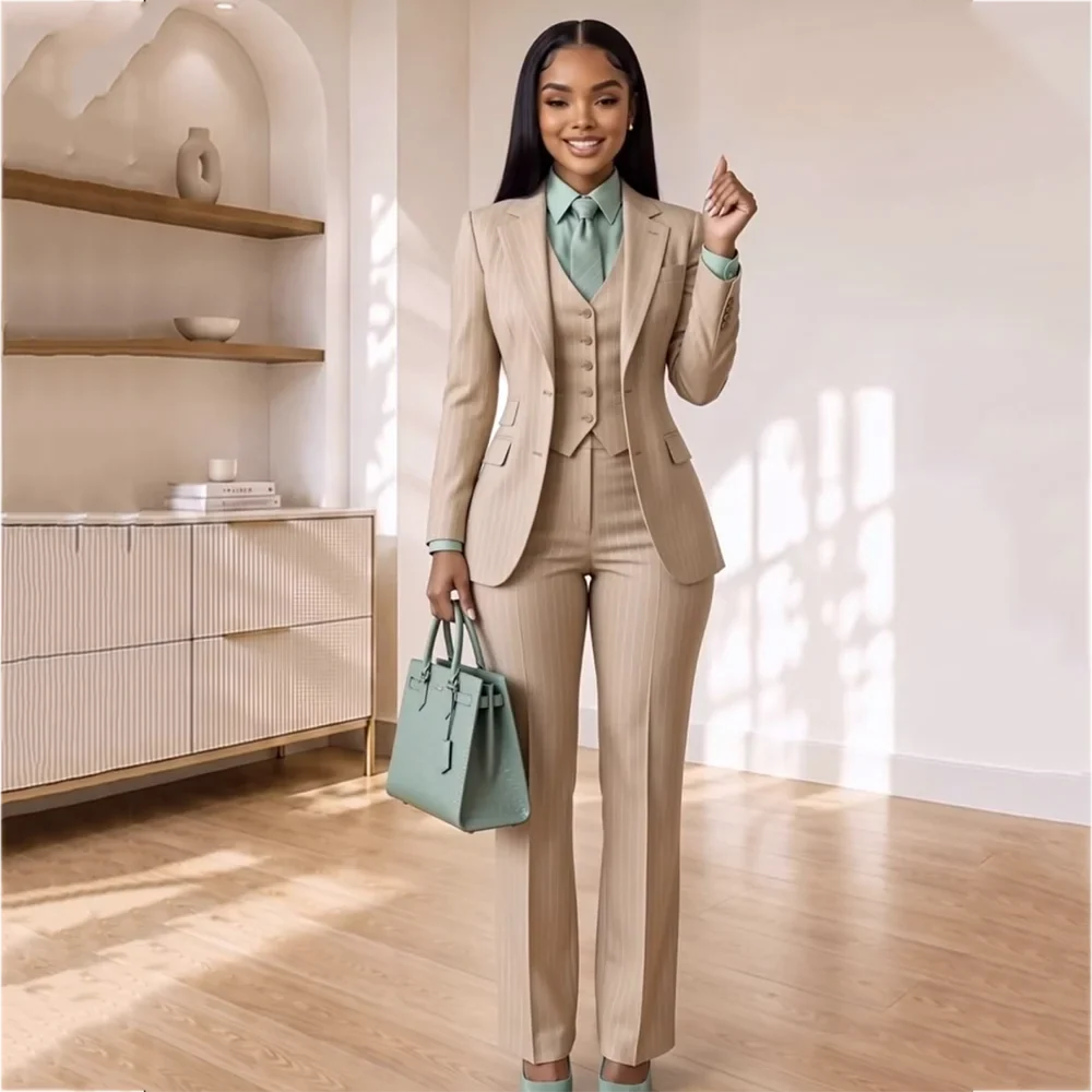 Professional Lady Striped Suit Slim Fitted 3 Pieces Set Chic Notched Lapel Blazer Vest Pants Formal Work Commuter Women Suits