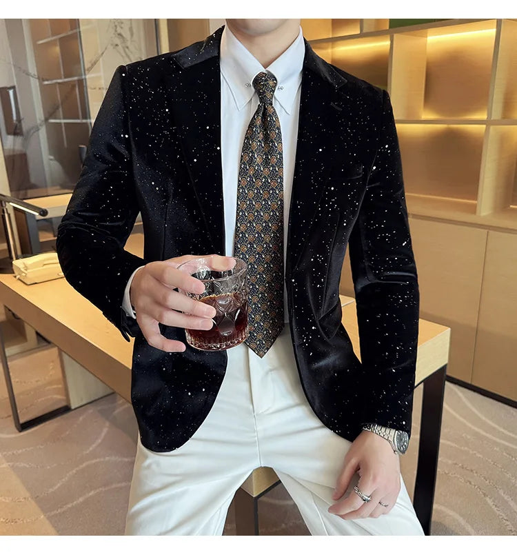 High Quality Velvet Bronzing Suit Coats Mens Sparkle Elegant Slim Business Suits Jacket Homme Formal Social Prom Party Tuxedos