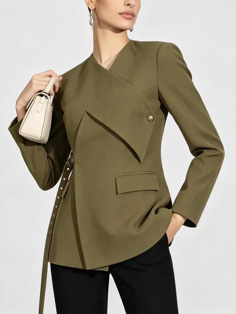 Women Blazer High Street Elegant Punk Stylish V-Neck Lace-Up Trendy Solid Color Cross Irregular Design Suit-Coat New HK3060