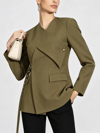 Women Blazer High Street Elegant Punk Stylish V-Neck Lace-Up Trendy Solid Color Cross Irregular Design Suit-Coat New HK3060
