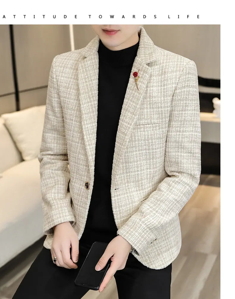 Korean Fashion Woven Suit Jacket for Men Autumn Slim Fit Casual Men Blazers Street Wear Social Business Dress Coats Men Clothing