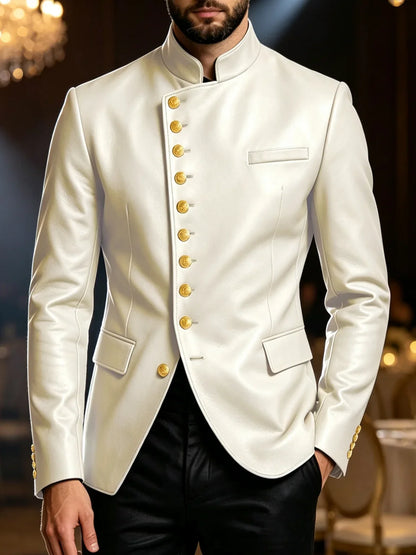 Luxury PU Men's Suit Blazer Single Breasted Stand Collar Slim Fit Leather Jacket Vintage High Quality Business Party Male Tuxedo