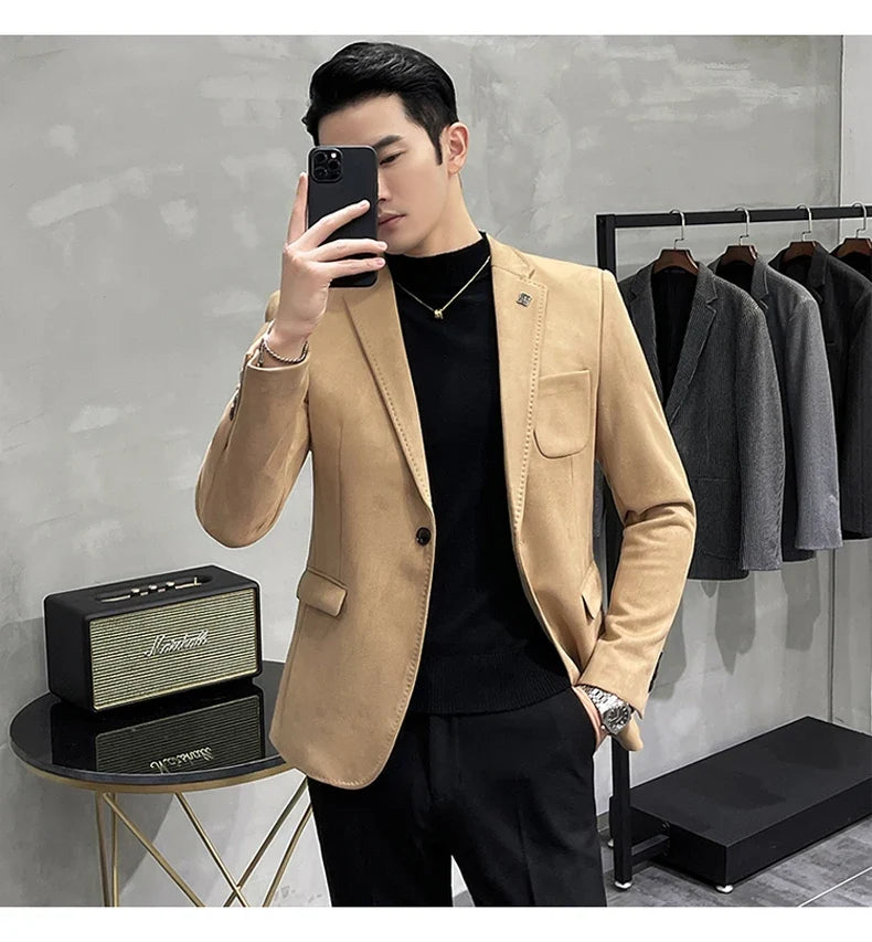 2023 Spring Suede Suit Jacket Men Casual Business Slim Fit Blazer Deerskin Leather Jacket Men Wedding Street Wear Social Coat