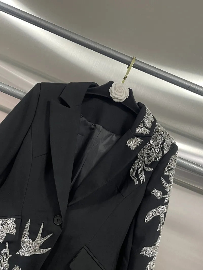 Elegant Black Suit Jacket Women Fashion Beaded Embroidery Designer Single Button New Office Ladies Banquet Luxury Blazers Coat