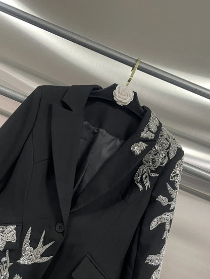 Elegant Black Suit Jacket Women Fashion Beaded Embroidery Designer Single Button New Office Ladies Banquet Luxury Blazers Coat