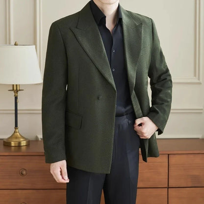 Herringbone Pattern Fabric Suit Jacket Men Autumn Winter Casual Business Dress Coat Wedding Groom Banquet Party Blazer Masculino