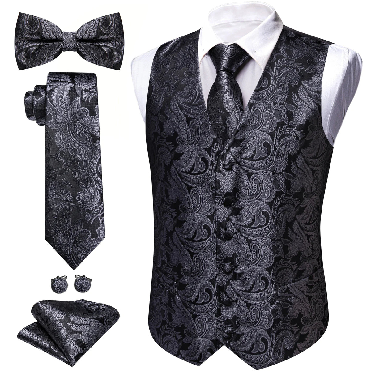 Men's Jacquard Suit Vest Set with Tie, Bow Tie, Pocket Square & Cufflinks – Wedding & Formal