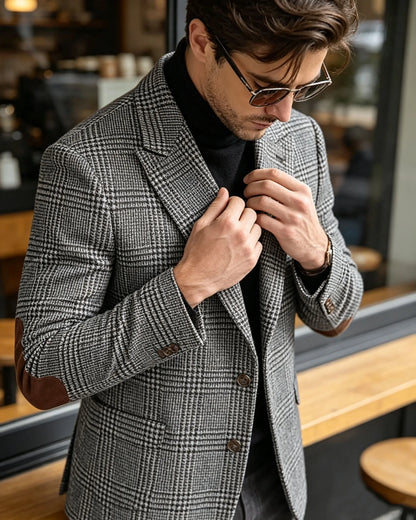 Vintage Wool Blend Plaid Men's Jackets Notched Collar Slim Fit Single Breasted Blazers With Suede Elbow Patches Business Casual