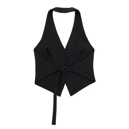 Halter Formal Vests Woman Off Shoulder Women's Suit Vest Backless Black White Short Vest Casual Cropped Sleeveless Vest