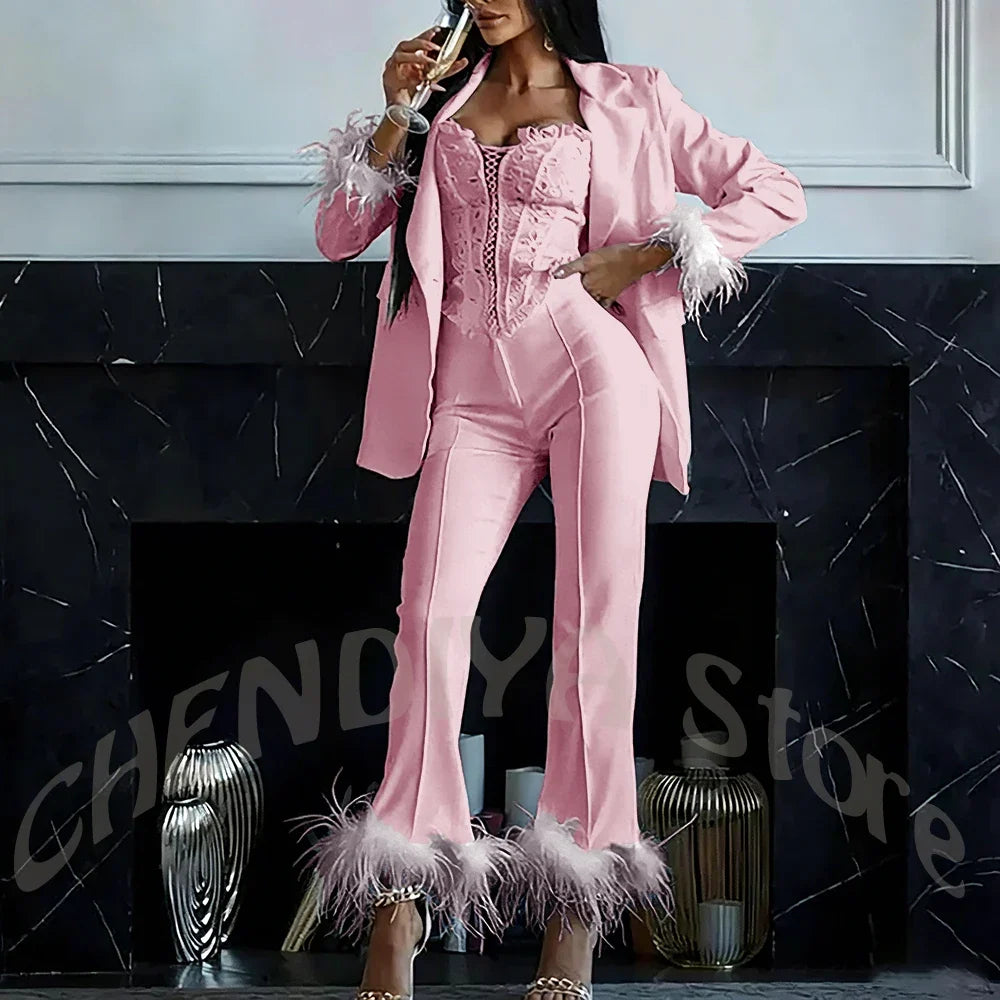 Women's Two Pieces Set Luxury 2026 Slim Fit Notch Lapel Glamorous Feather Blazer Formal Evening Party Tailored Made Outfit