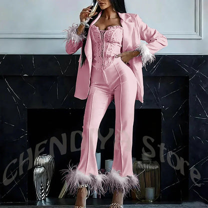 Women's Two Pieces Set Luxury 2026 Slim Fit Notch Lapel Glamorous Feather Blazer Formal Evening Party Tailored Made Outfit
