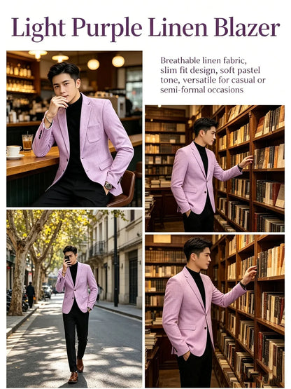 Mens Blazer Linen Blend Notched Lapel 1 Button Slim Fit Stitched Edge Patch Pockets Business Casual Daily Soft Breathable Jacket