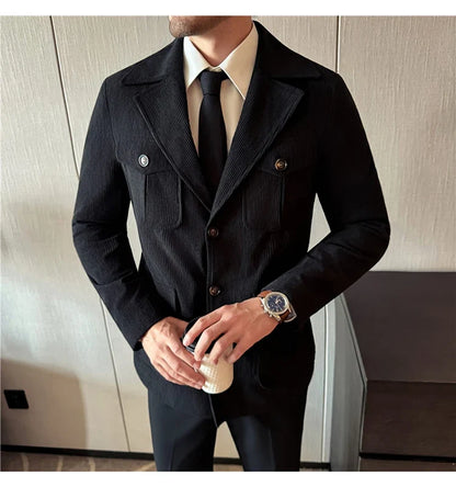 Autumn Winter Corduroy Medium Long Hunting Jacket Men's Fashion Thick Suit Jacket Casual Business Blazers Social Streetwear 2025