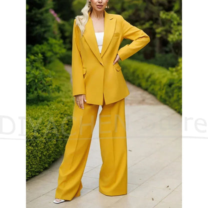 Women's Yellow Suit Set Fashion Loose Blazer with Wide Leg Pants Office Casual Wear Trendy Elegant Slim Fit Outfit Two Piece