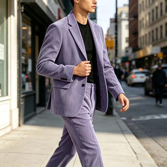 Men's Corduroy 2-Piece Suit Set Notched Lapel Blazer & Straight-Leg Pants – Smart Casual Business Suit