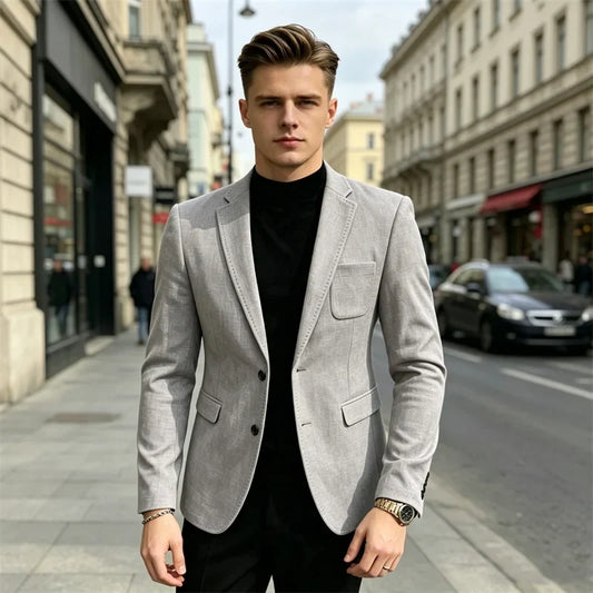 Mens Blazer Linen Blend Notched Lapel 1 Button Slim Fit Stitched Edge Patch Pockets Business Casual Daily Soft Breathable Jacket